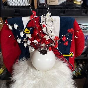 White Vase with red and white faux flowers